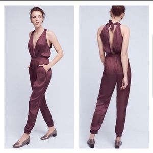 Anthropologie plum silk jumpsuit.